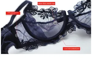 Detail of dark blue lace bra with sheer mesh cups and side boning support structure