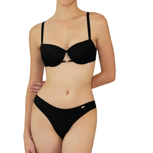 Seamless push-up bra and panty set in black matte fabric with gold metal accents