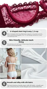 Detail of 1/2 cup lace bra with U-wire support and breathable mesh lining fabric