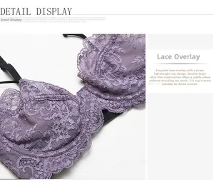 Vue détaillée du bonnet 3/4 en dentelle violet clair avec broderie florale raffinée