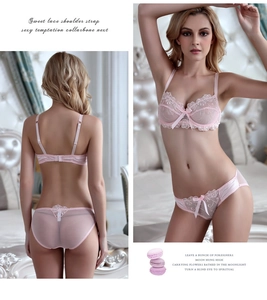 Detailed pink floral lace lingerie set featuring sheer cups and delicate bow accents