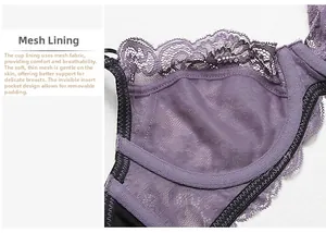 Vue détaillée de la doublure de soutien-gorge en dentelle violette et mesh respirant