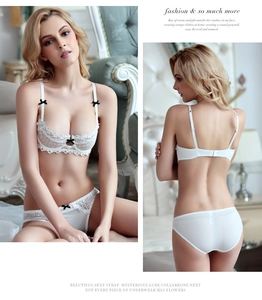 Detail of white lace lingerie set with bow accents and delicate floral embroidery
