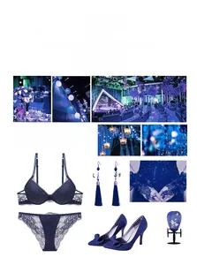 Detail of elegant dark blue lace lingerie set with high heels and jewelry accessories