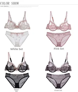 Detail view of floral embroidery on sheer mesh lingerie sets in four color options