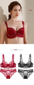 Close-up of ultra-thin claret lace lingerie set with bow details and underwire support