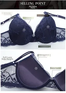 Detail of 3/4 cup navy lace push-up bra featuring floral embroidery and split straps
