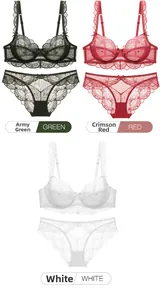Flat lay of sheer lace bra and panty sets in green, red, and white colors