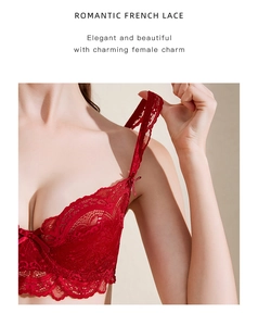Exquisite detail of French red lace bra with delicate floral patterns and thin straps