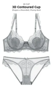 Vista dettagliata del set lingerie in pizzo grigio con coppe 3D e bordi in pizzo