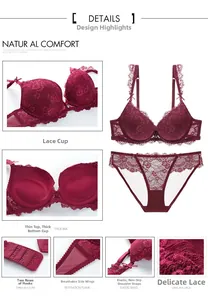 Detail of wine red lace lingerie set with push-up cups and breathable mesh wings