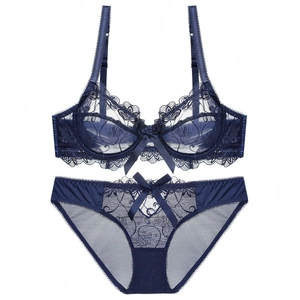 Sexy Ultra Thin Transparent Floral Lace Bra and Panty Collection For Women Embroidery Underwear Lingerie with Bow
