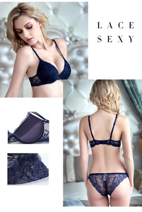 Detailed views of deep blue lace lingerie set with push-up bra and matching panties