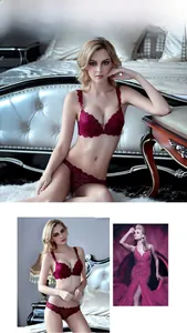 Detail of wine red lace lingerie set with bow ornament and elegant model display