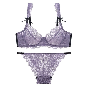 Ensemble de Lingerie Sexy en Dentelle pour Femmes Broderie Florale Transparente Ultra-mince Soutien-Gorge et Culotte avec Armature