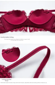 Détail du soutien-gorge en dentelle bordeaux avec bonnets push-up et bretelles amovibles
