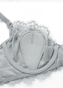 Dettaglio ravvicinato delle coppe 3D traspiranti e pizzo ciglia su reggiseno grigio