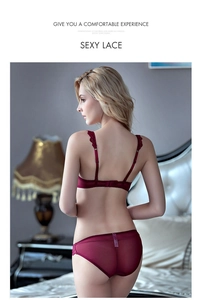 Close-up of wine red lace lingerie set with sheer mesh panties on a model