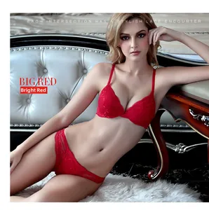 Detail of red lace lingerie set featuring deep V-neck bra and matching panties