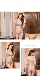 Completo intimo in pizzo grigio con reggiseno a ferretto e slip coordinati sul modello