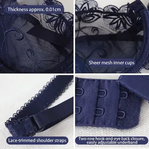 Sheer dark blue lace lingerie set with ultra-thin mesh cups and bow detail