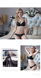 Close-up of black floral lace lingerie set with push-up bra and matching panties