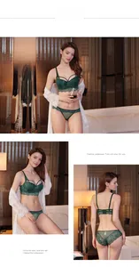 Gros plan détaillé de l'ensemble de lingerie en dentelle vert foncé avec broderies florales