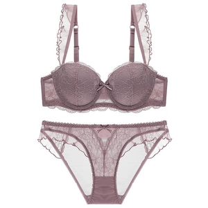 Elegant lavender lace lingerie set with ruffled straps and push-up underwired bra