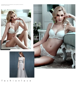Detailed view of lace bra set with bow accent and silver sequined evening gown