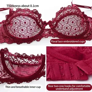 Lace push-up lingerie set in wine red with 0.1cm ultra-thin breathable floral embroidery