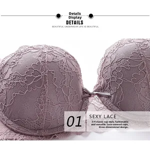 Detailed close-up of lilac lace 3/4 cup bra featuring floral embroidery and center bow
