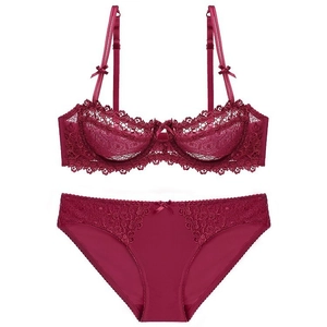 Elegant wine red lace lingerie set featuring semi-sheer eyelash embroidery and bows