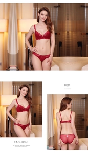 Dettagli di un set di lingerie in pizzo rosso con spalline regolabili e ricami floreali