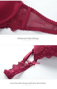 Detail of burgundy lace bra showing wide side wings and bow decorated shoulder straps