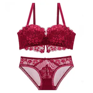Lingerie Sexy en Dentelle Florale de Style Français pour Femmes Soutien-Gorge Push Up Respirant Culotte Top And Bottom