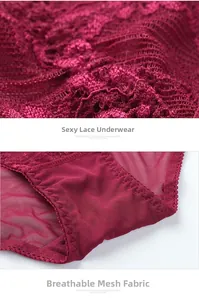 Detailed macro view of dark red floral lace and breathable mesh fabric on sexy panties