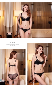 Dettaglio di un set di lingerie in pizzo nero con rete trasparente e ricami floreali