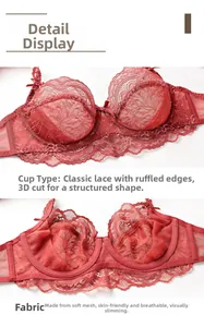 Detail view of red lace bra featuring 3D cut mesh cups and elegant ruffle trim design
