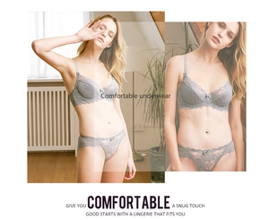 Detailed close-up of a grey lace bra set featuring sheer mesh patterns and adjustable straps