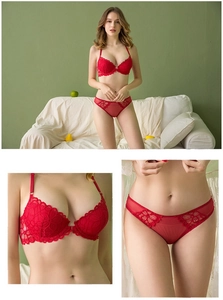Detailed view of red floral lace lingerie set with front closure and sheer mesh accents