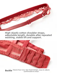 Detail of red lace lingerie with adjustable shoulder straps and four-row back hook closure