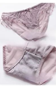 Detail of light purple lace panties with floral embroidery and cotton crotch lining
