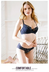 Detailed view of navy blue lace bra set with semi-transparent embroidery and elegant texture
