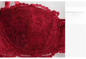 Close-up of red floral lace bra featuring vine jacquard patterns and semi-cup design