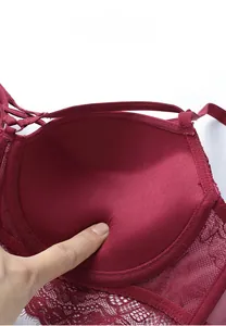 Vue macro de la doublure de bonnet 3D respirante et dentelle du soutien-gorge bordeaux
