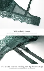 Détail de soutien-gorge en dentelle verte avec ailes latérales et agrafage à trois rangs
