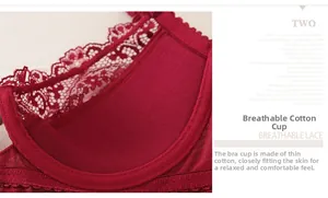 Detailed view of breathable lace and thin cotton lining on a deep red soft cup bra