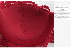 Macro detail of red lace 1/2 thin mold cup bra with anti-slip design and hidden underwire