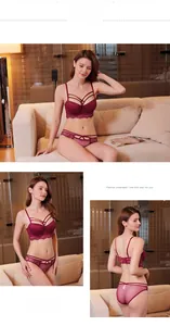 Vue en trois parties de l'ensemble soutien-gorge push-up en dentelle bordeaux à lanières