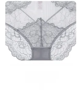 Detail of floral lace mesh pattern and high-quality scalloped edges on grey panties